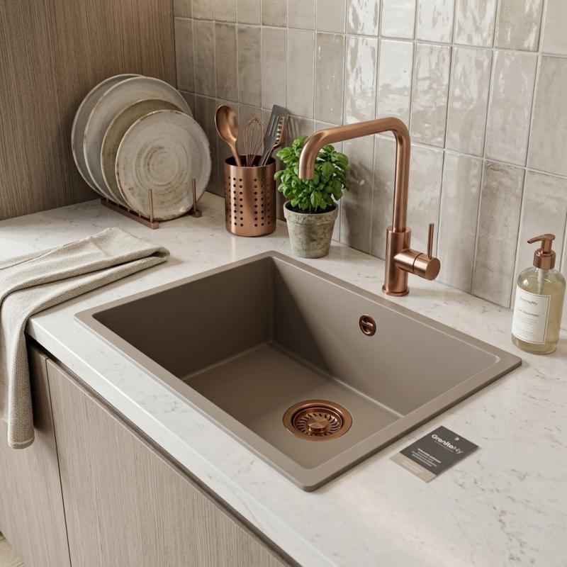 GraniteMy Universal granieten taupe spoelbak 50x40 cm opbouw, onderbouw en vlakinbouw met koperen plug 1208967225